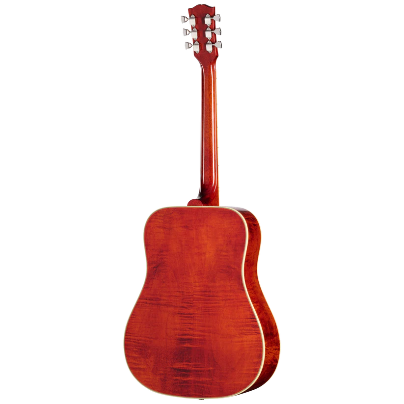 Back view of an acoustic guitar with a glossy reddish-brown wood finish and white edging along the body.