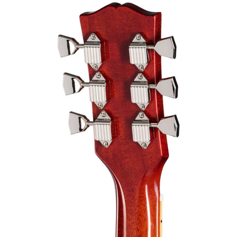 Six chrome tuning pegs on the back of a reddish-brown acoustic guitar headstock with a smooth, glossy finish.
