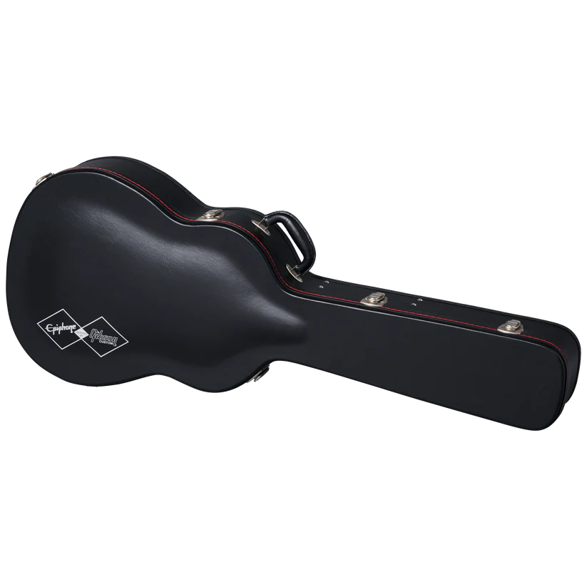 Black hard case for an acoustic guitar with silver latches, a handle, red trim, and Epiphone and Gibson Custom logos on the rounded end.