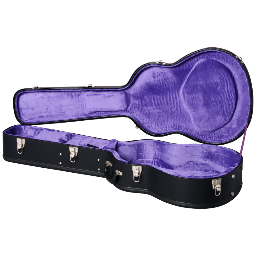 Black hard guitar case with a plush purple lining, shaped to fit an acoustic guitar, shown open with metal latches and a handle.