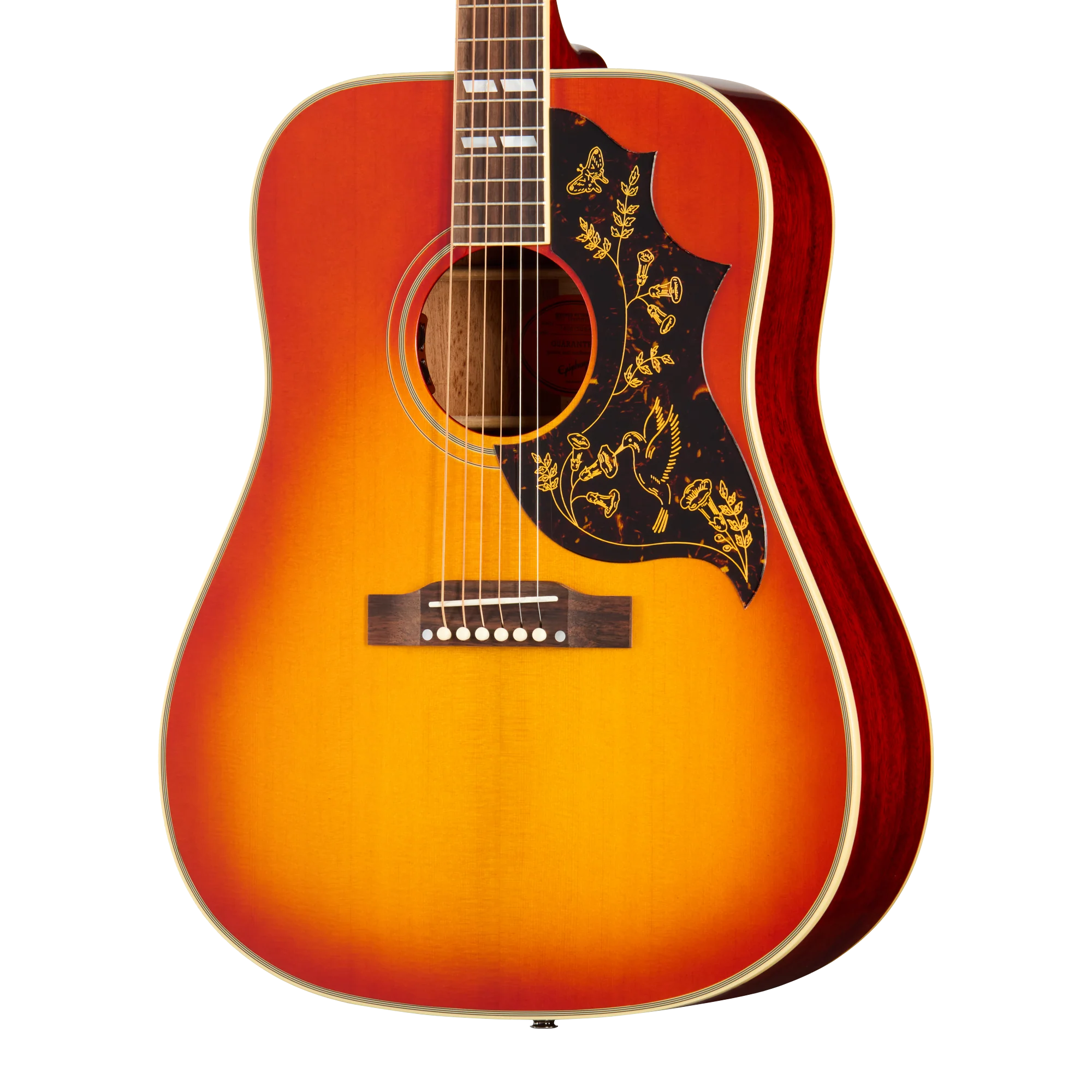 Guitare acoustique avec finition dégradée orange à jaune, pickguard noir orné de dessins dorés d’oiseaux et de fleurs.