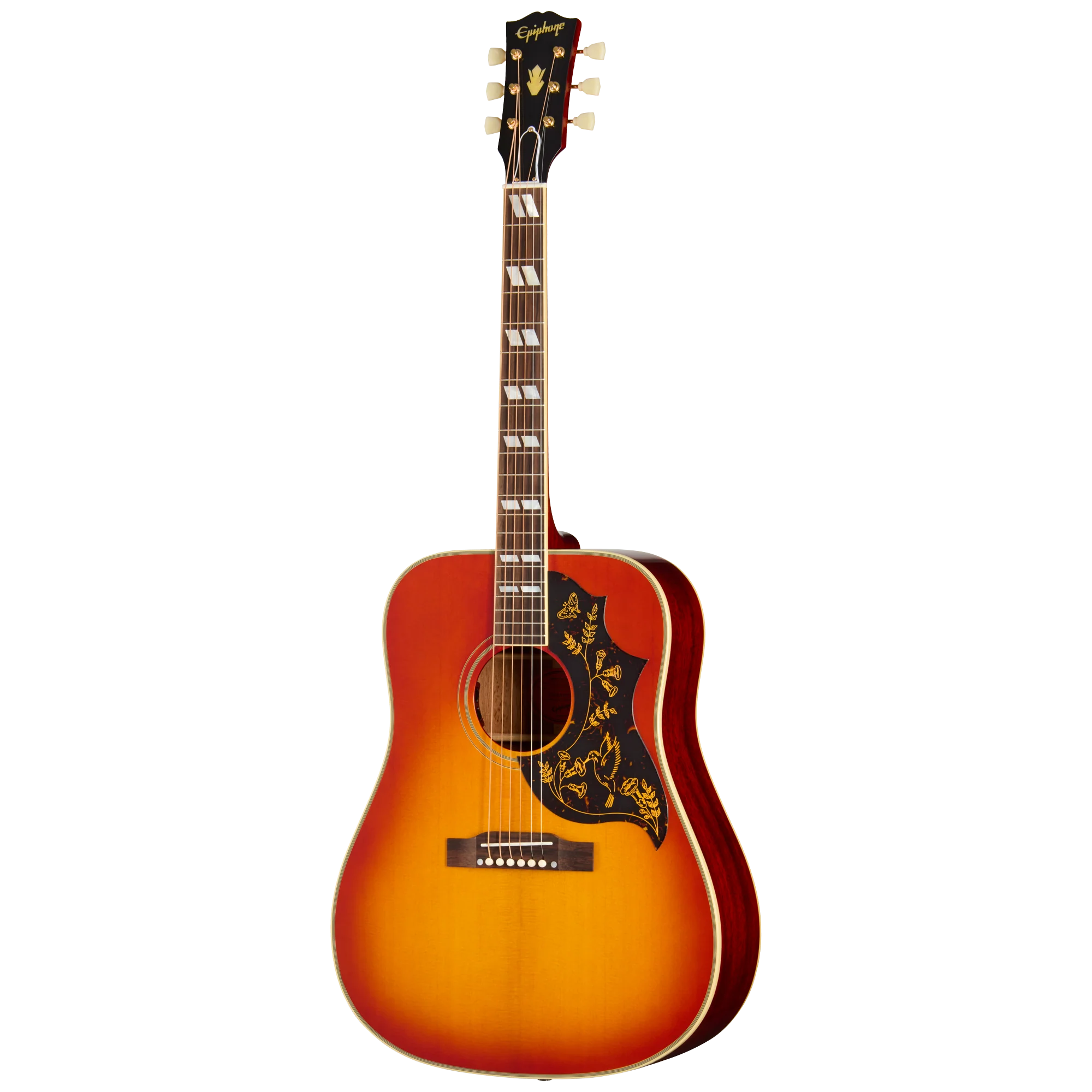 Guitare acoustique à caisse large dégradée du rouge au jaune, pickguard noir décoré de motifs floraux dorés, touches repérées par des parallélogrammes.