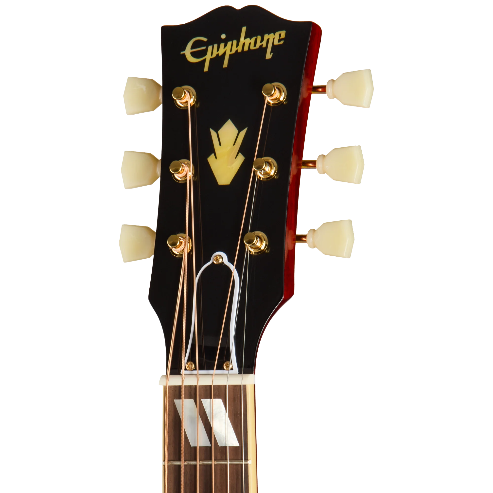 Tête d’une guitare acoustique Epiphone, six mécaniques dorées avec boutons crèmes et logo doré sur fond noir.