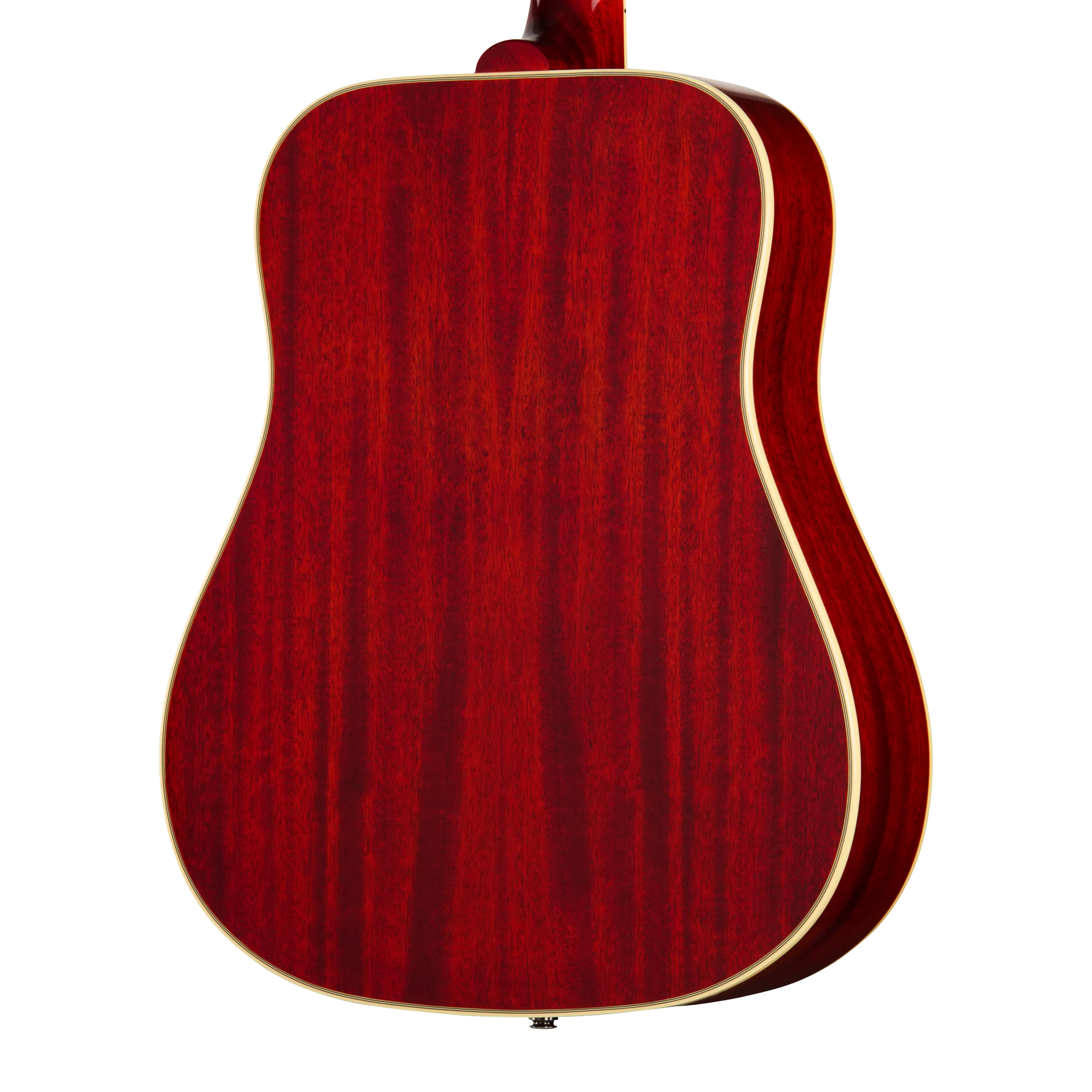 Fond de guitare acoustique en bois rouge foncé, finition brillante, bordures claires contrastantes, silhouette de forme dreadnought.