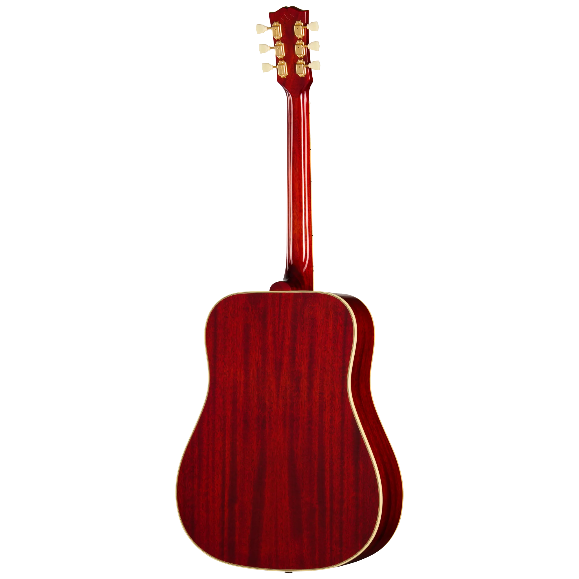 Guitare acoustique vue de dos, bois verni rouge, contours clairs, mécaniques dorées sur la tête du manche.