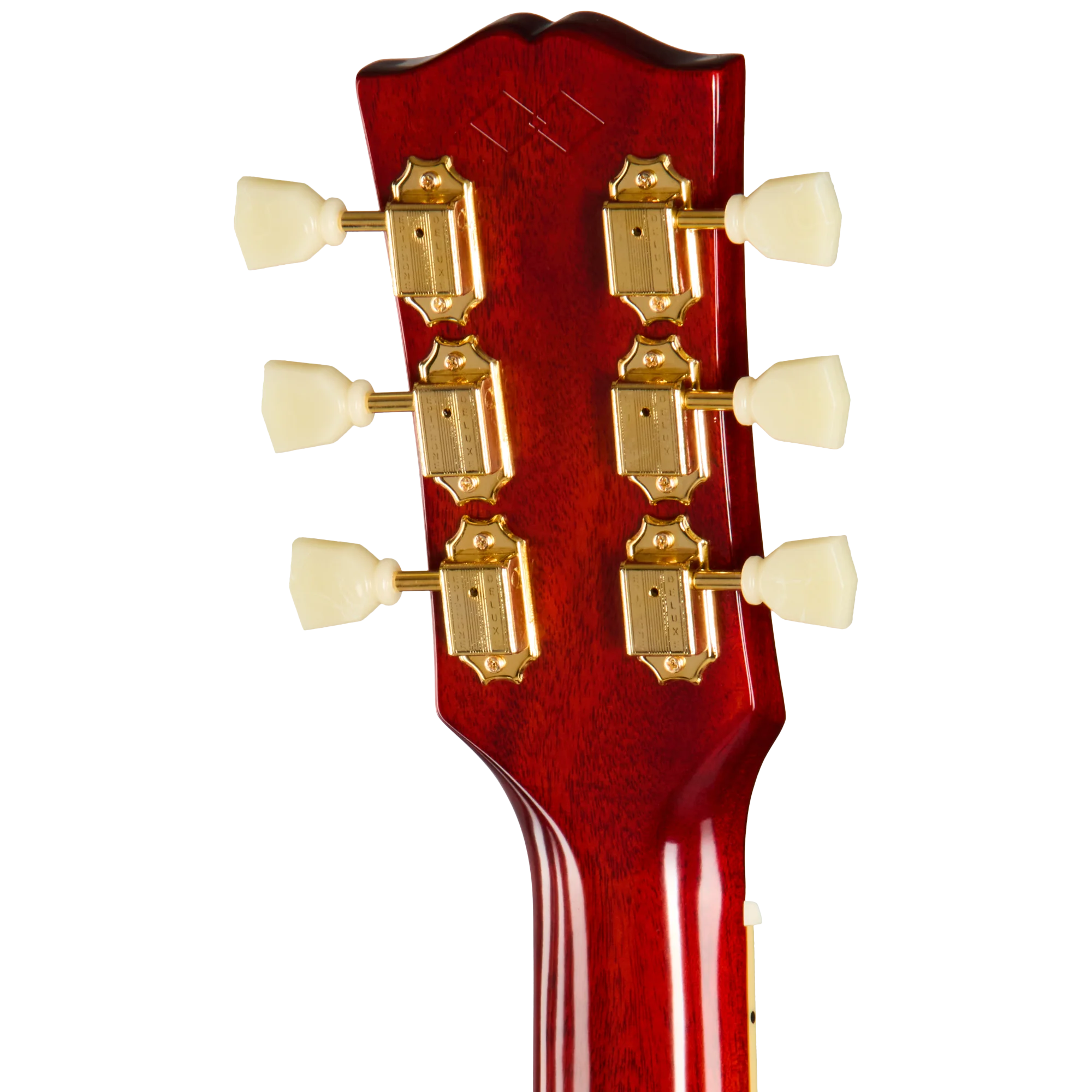 Tête de guitare acoustique en bois rouge avec six mécaniques dorées et boutons blancs, vue arrière sur le manche.