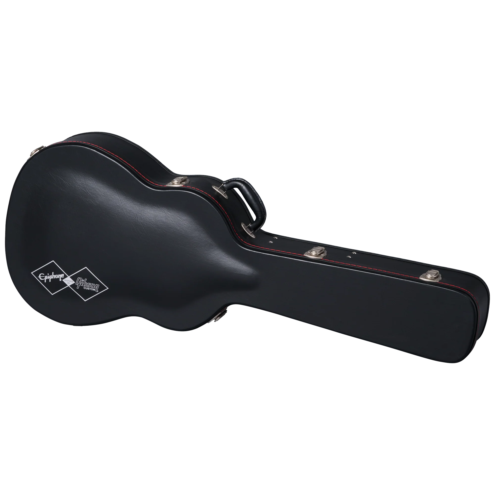 Étui rigide noir pour guitare acoustique, avec poignée, contours rouges et logos Epiphone et Gibson sur le dessus.