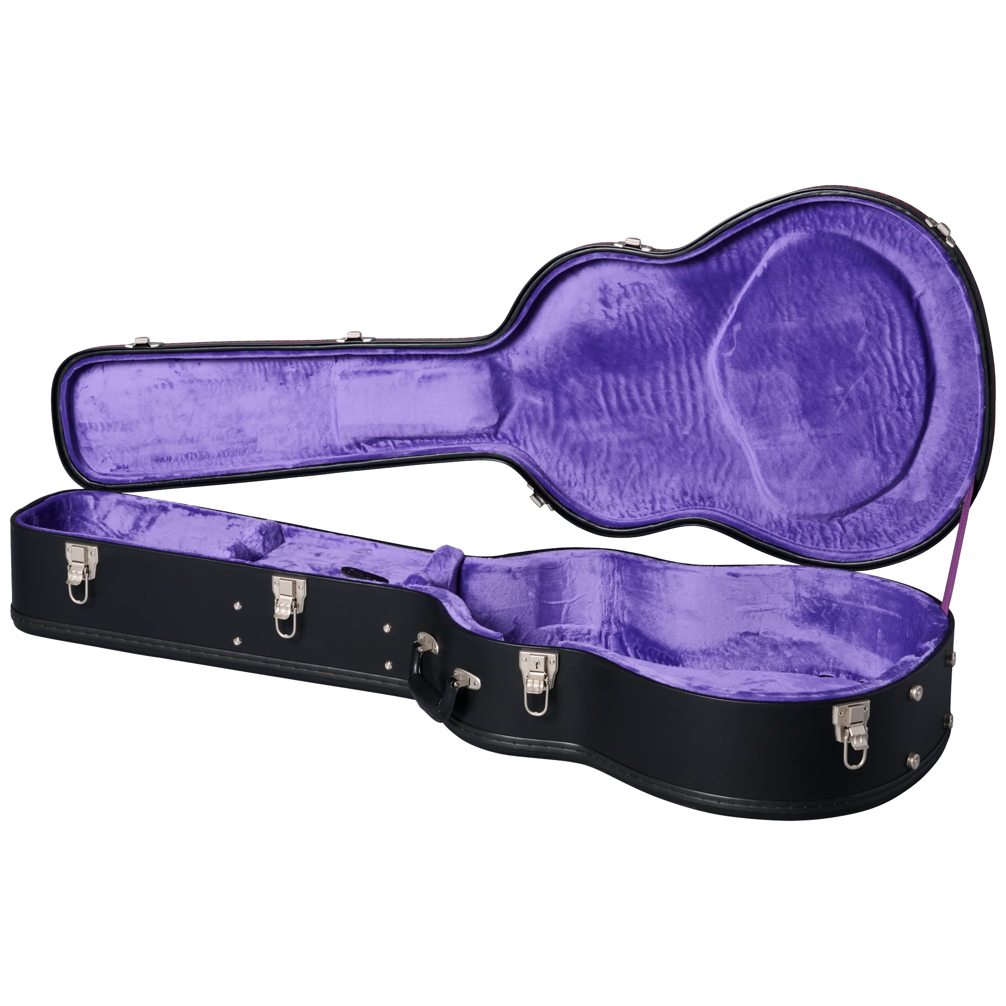 Étui rigide noir ouvert pour guitare acoustique, intérieur rembourré de velours violet avec plusieurs fermetures métalliques argentées.