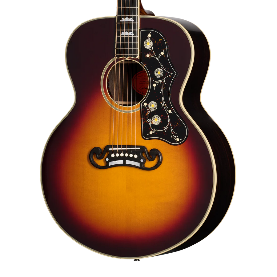 Sunburst acoustic guitar with floral pickguard, white trim, ornate bridge, and mother-of-pearl inlays on the fretboard.