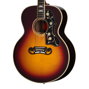 Sunburst acoustic guitar with floral pickguard, white trim, ornate bridge, and mother-of-pearl inlays on the fretboard.