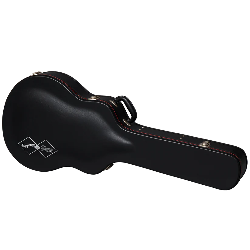 A black hard acoustic guitar case with a curved body shape, carrying handle, metal latches, and Epiphone and Gibson Custom logos in white.