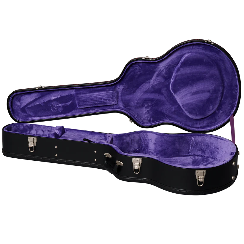 Black acoustic guitar case with silver latches, open to reveal a plush purple interior shaped to fit a guitar and a small accessory compartment.