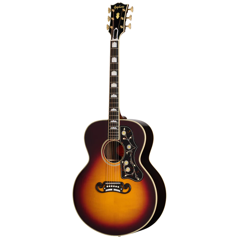 Sunburst acoustic guitar with ornate pickguard, decorative inlays on the fretboard, and gold tuning pegs. Large rounded body style.