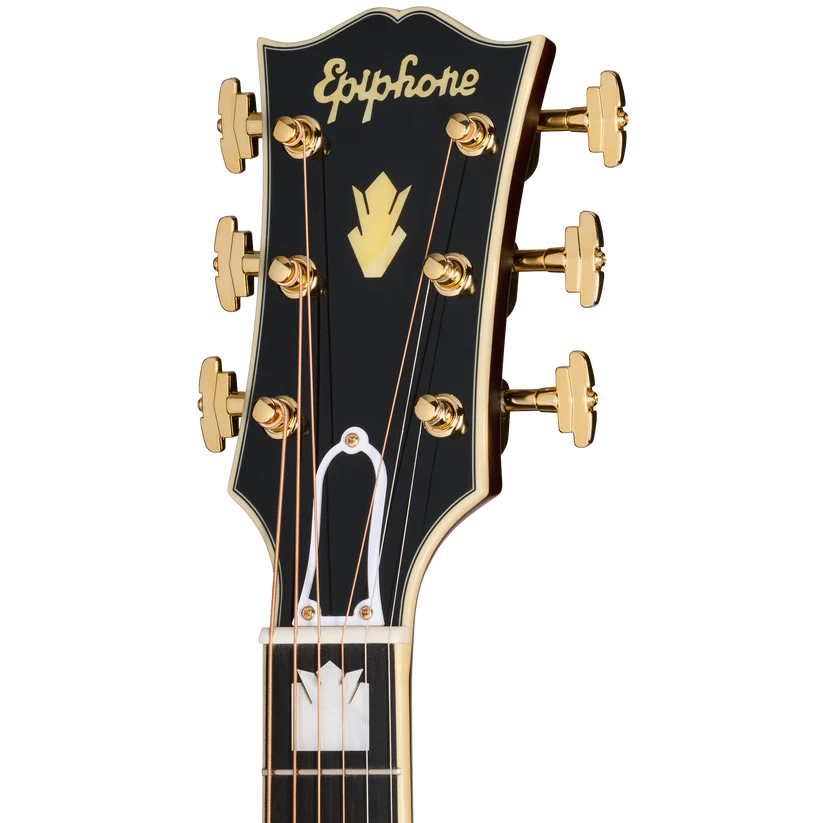 Black and gold acoustic guitar headstock with "Epiphone" logo, six tuning pegs, pearl inlay, and gold decorative elements.
