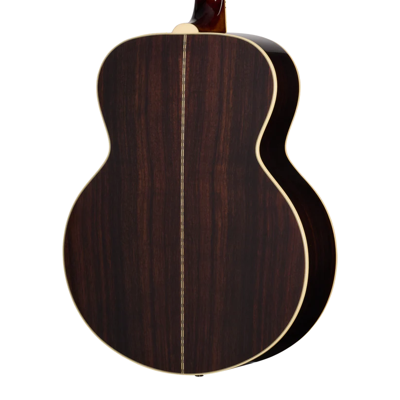 The back of an acoustic guitar with dark wood grain, cream binding, and a thin decorative strip running down the center.