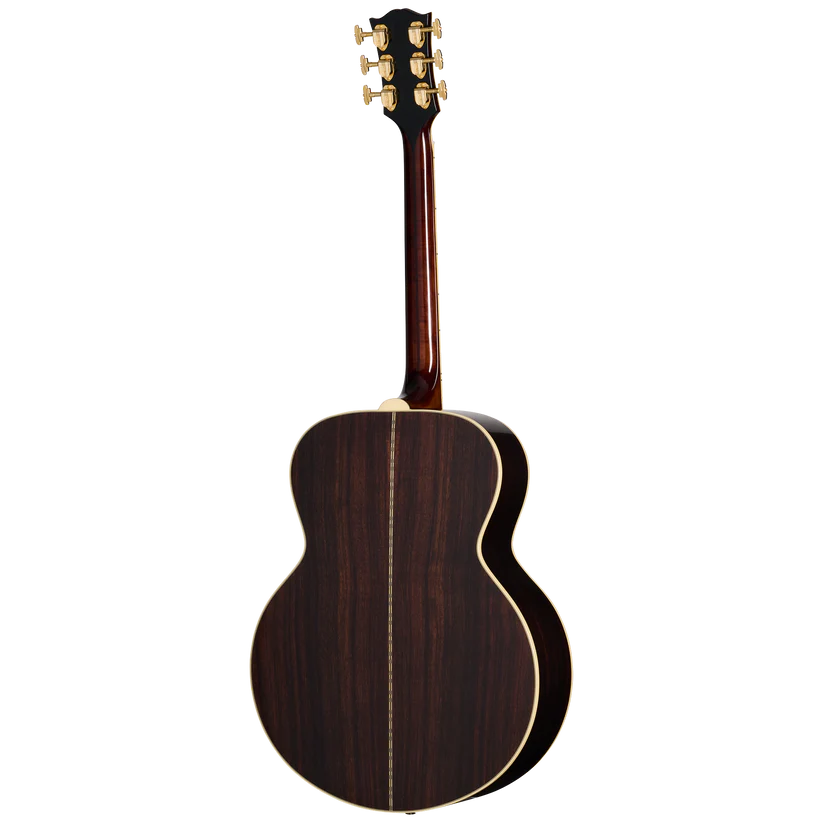 Acoustic guitar viewed from the back, dark wood body with a light center seam and cream binding, gold tuning pegs on the headstock.