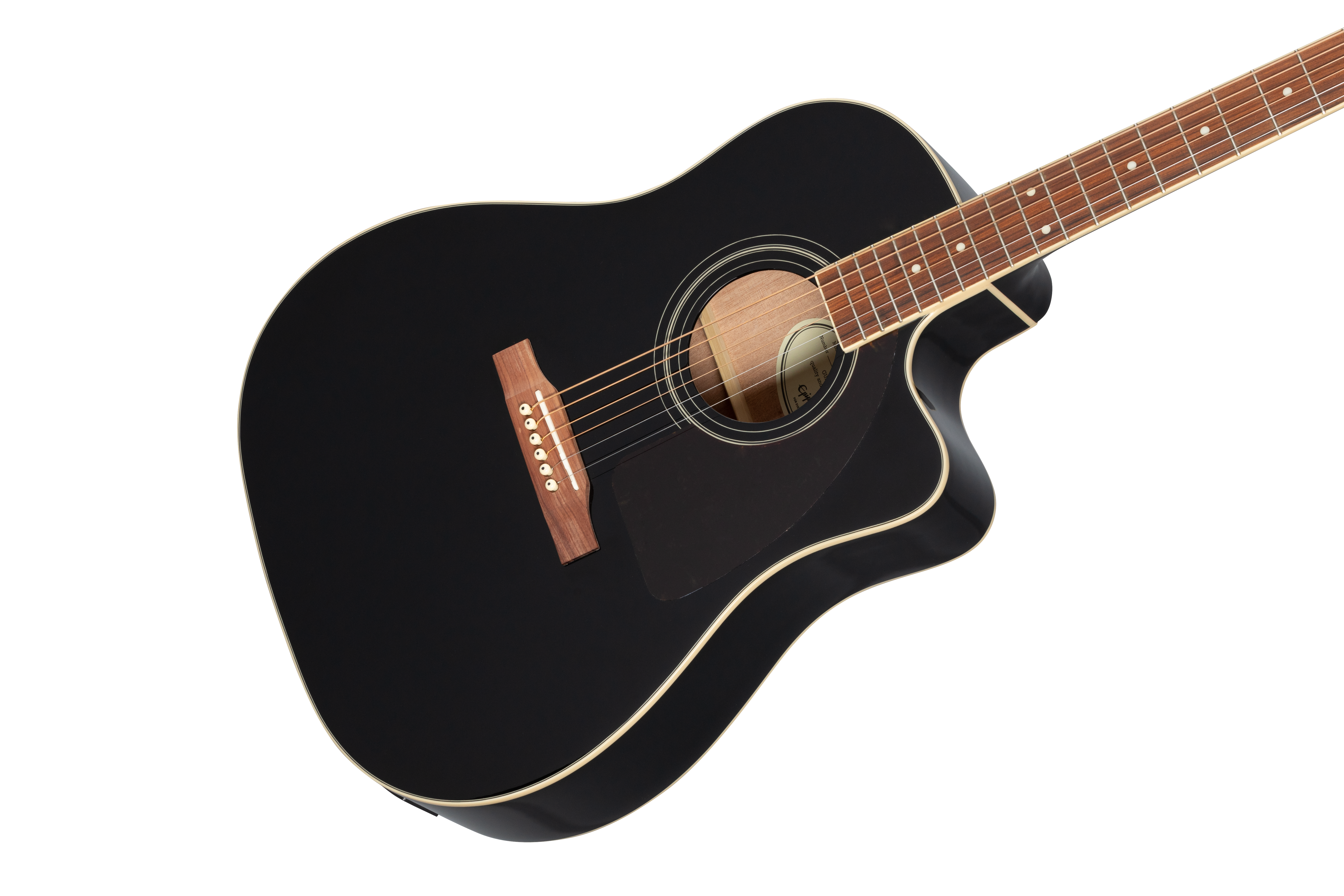 Black acoustic guitar with a cutaway body, cream binding, wooden bridge, six strings, and a circular sound hole with a light brown rosette.