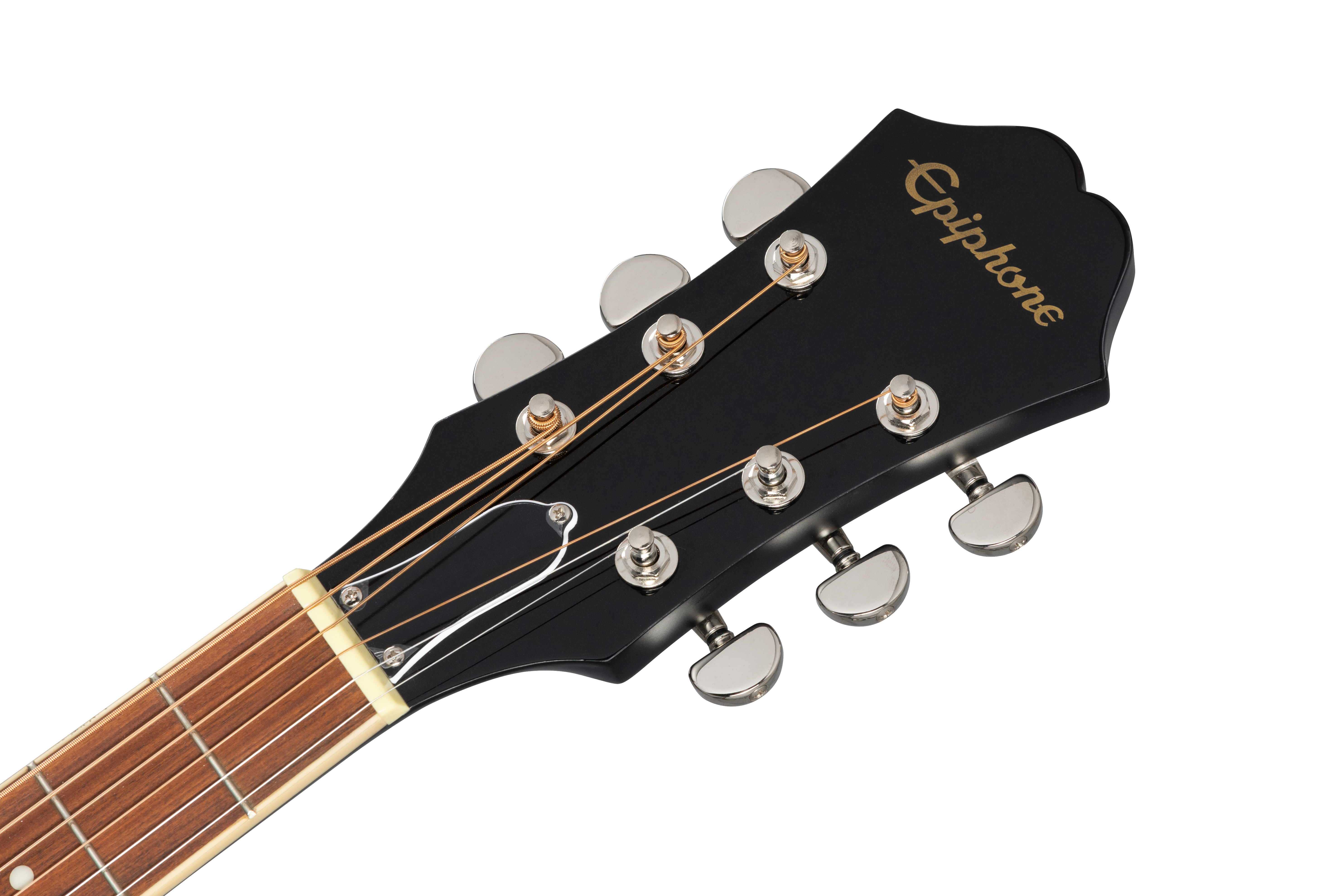 The headstock of an Epiphone acoustic guitar with six tuning pegs and gold logo, showing part of the fretboard and strings.