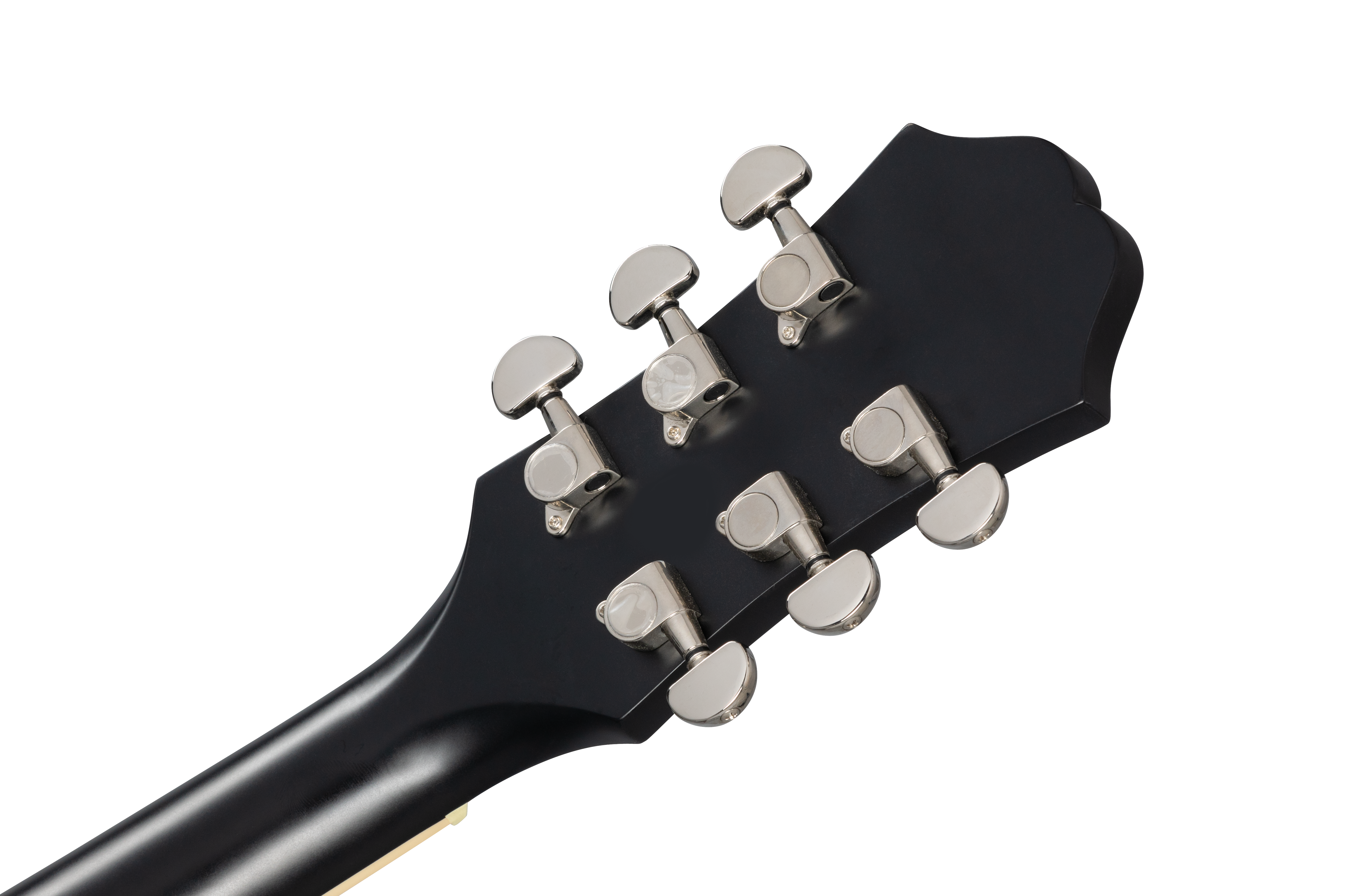 Six chrome tuning pegs on a matte black acoustic guitar headstock, viewed from the back.