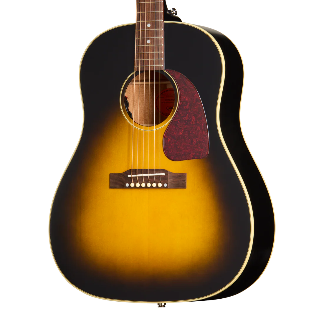 Acoustic guitar with a sunburst finish, dark edges fading to yellow center, six strings, brown pickguard, and white trim around the body.