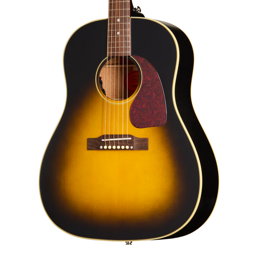 Acoustic guitar with a sunburst finish, dark edges fading to yellow center, six strings, brown pickguard, and white trim around the body.