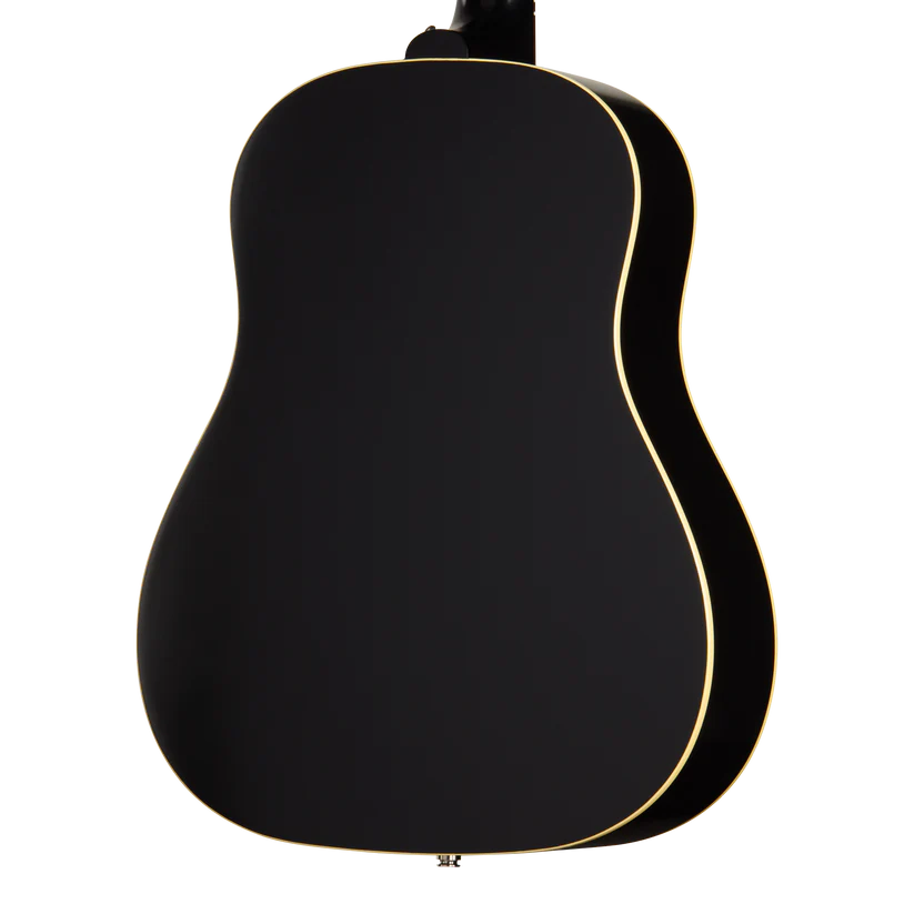 Back view of a matte black acoustic guitar with light cream binding outlining the body edges.