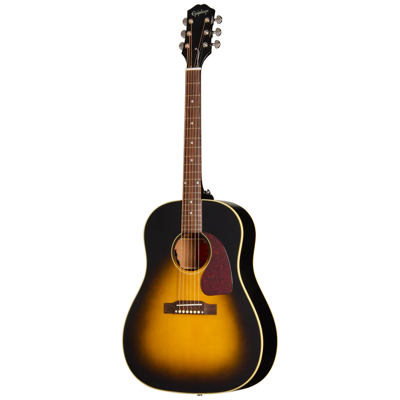 Sunburst acoustic guitar with a dark edge fading to yellow center, six strings, dark pickguard, round sound hole, and white trim around the body.