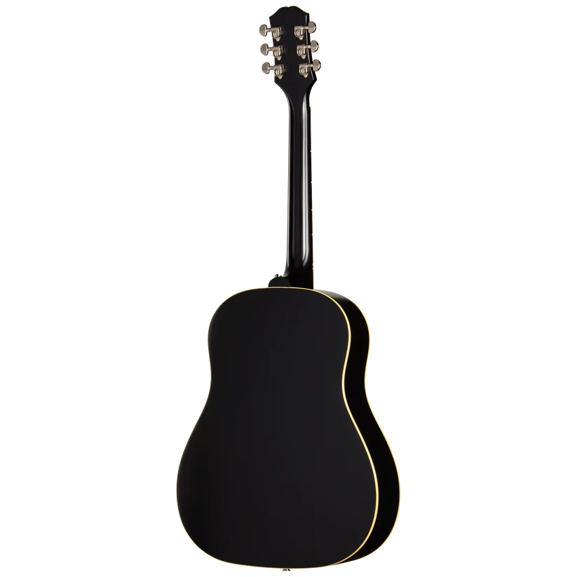 Black acoustic guitar shown from the back, with cream binding outlining the body and chrome tuning pegs on the headstock.