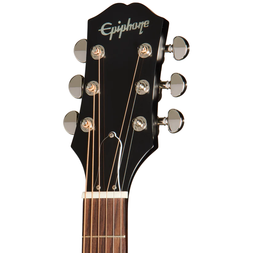 Epiphone acoustic guitar headstock with six tuning pegs, metallic logo at the top, and six strings running down to the wooden fretboard.