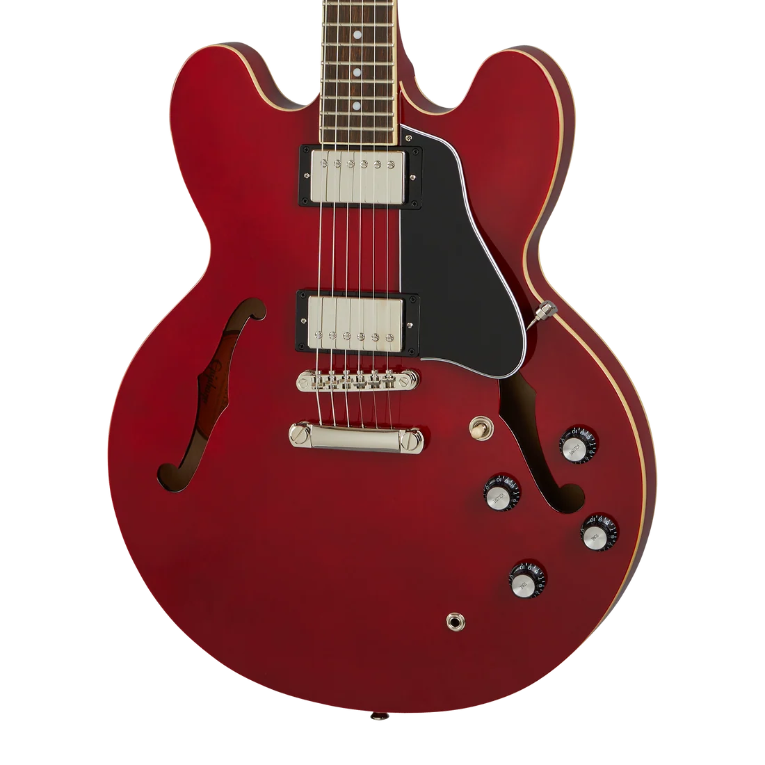 Red electric guitar with a semi-hollow body, dual humbucker pickups, four black control knobs, and f-shaped sound holes.