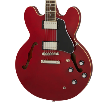 Red electric guitar with a semi-hollow body, dual humbucker pickups, four black control knobs, and f-shaped sound holes.