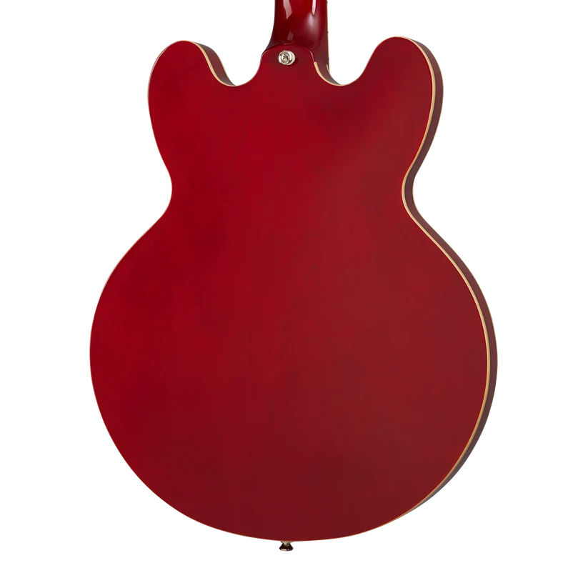 Back view of a red electric guitar with a double-cutaway, semi-hollow body and cream binding along the edges.