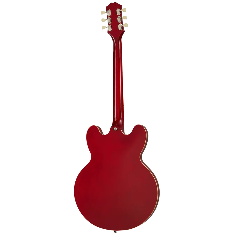 The back of a red semi-hollow electric guitar with a double-cutaway body and gold tuning pegs on the headstock.
