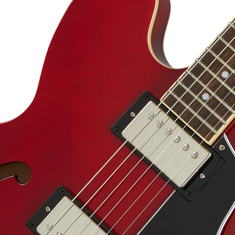 Semi-hollow red electric guitar body with f-hole, two chrome-covered humbucker pickups, and a rosewood fretboard.