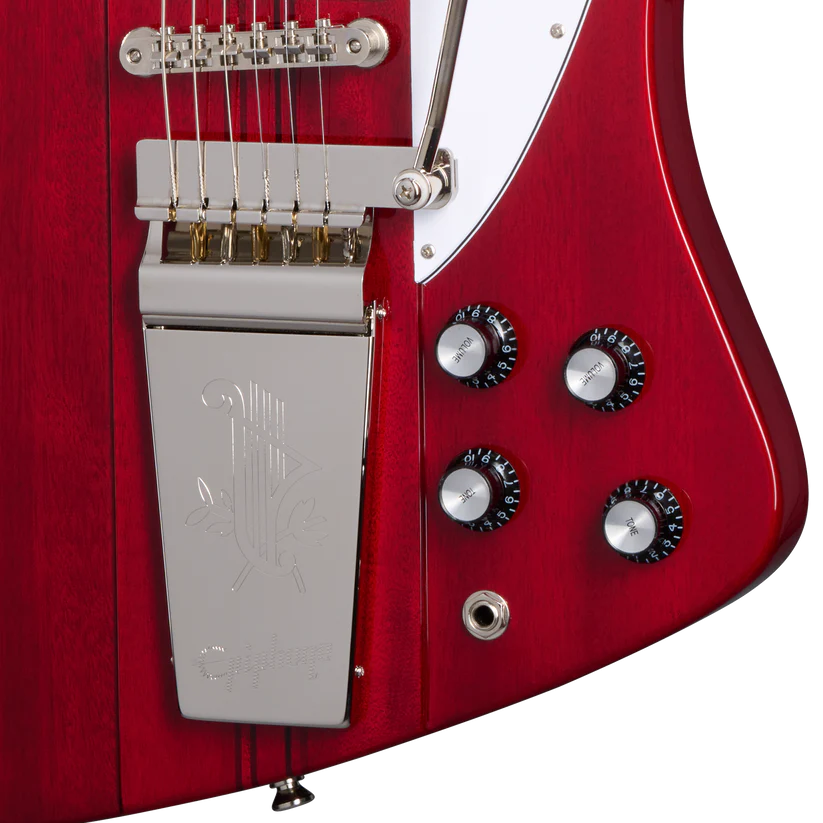 Epiphone 1963 Firebird V Maestro Vibrola color Cerise avec étui rigide