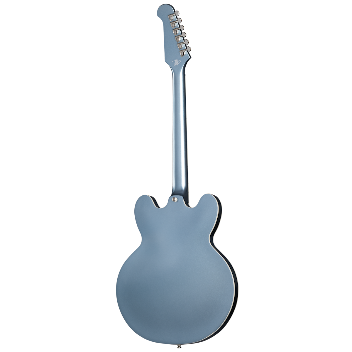 Metallic blue double-cutaway electric guitar shown from the back, with a smooth glossy finish and six tuning pegs visible on the headstock.