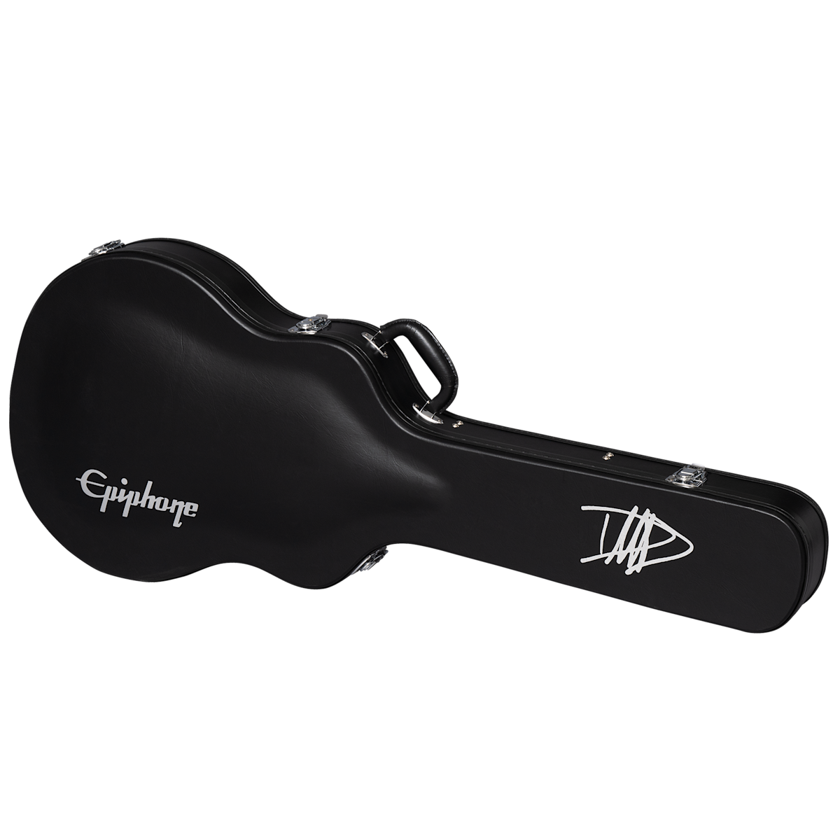 Black hard electric guitar case with silver latches, Epiphone logo on the body, and a white stylized signature on the rectangular end.