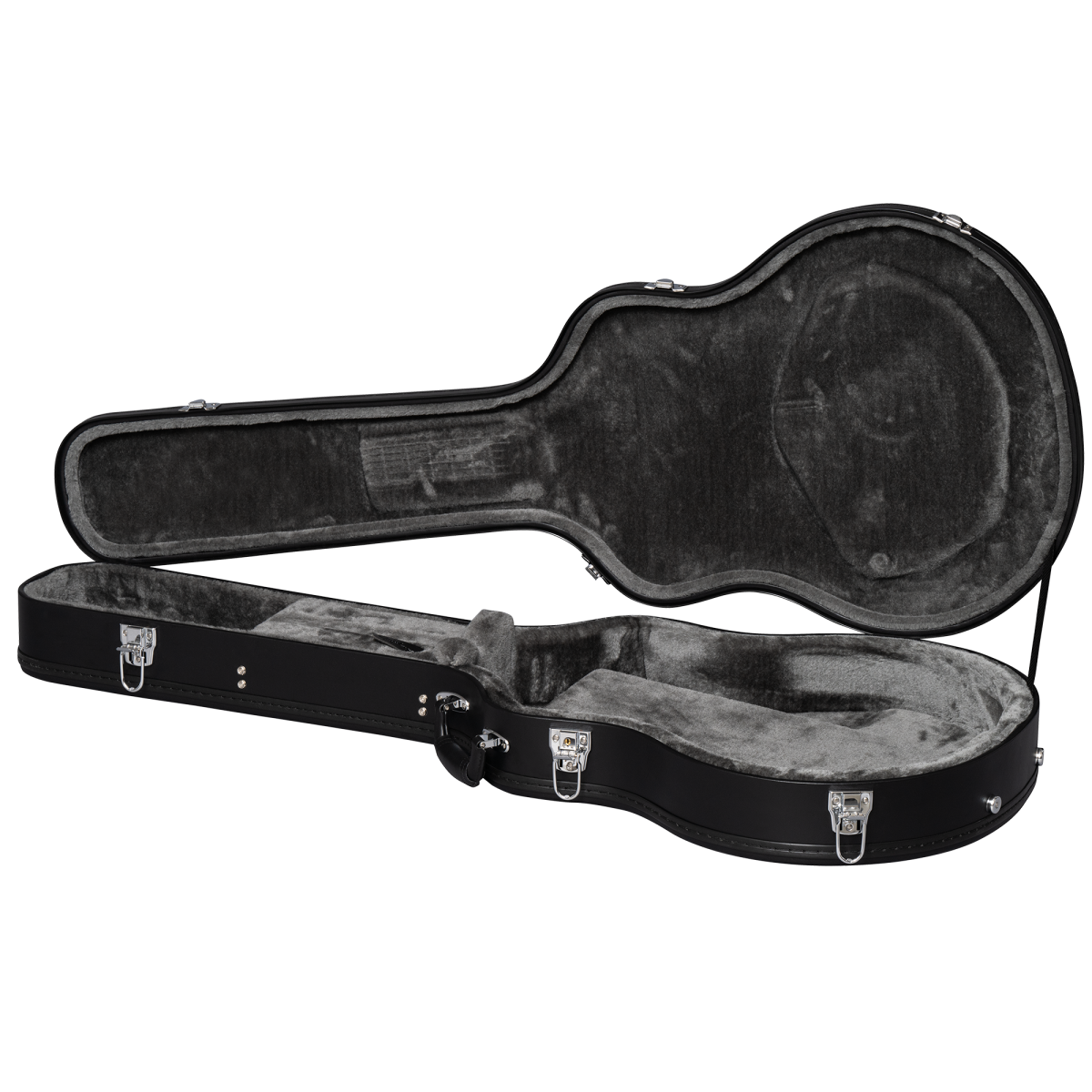 Black hard case for electric guitar, open to show plush grey interior with shaped compartments and metal latches along the edge.