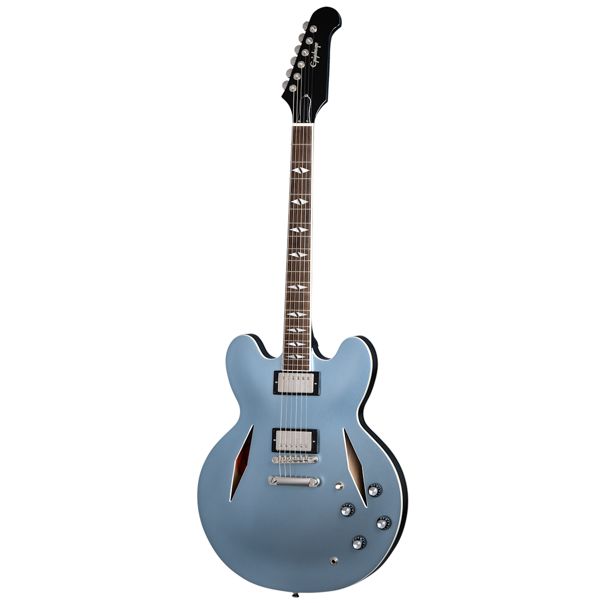 Metallic blue semi-hollow electric guitar with two pickups, four control knobs, f-shaped sound holes, and a dark headstock with silver tuning pegs.