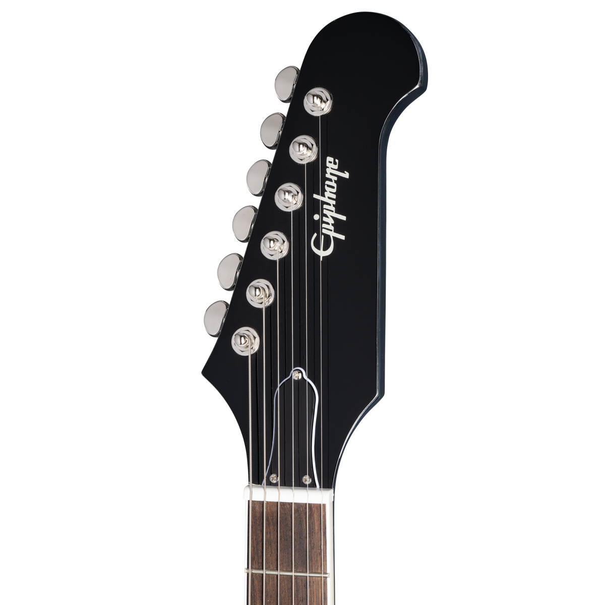 Black electric guitar headstock with six tuning pegs in a row and "Epiphone" logo in white script.