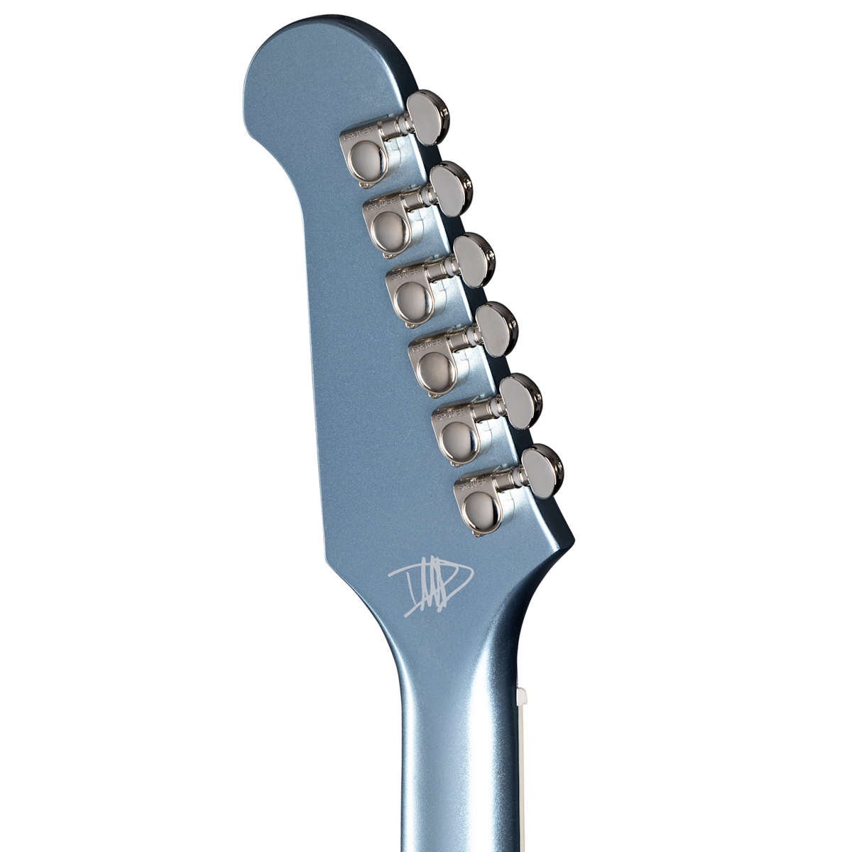 Metallic blue electric guitar headstock with six chrome tuning pegs in a row and a white signature at the base.