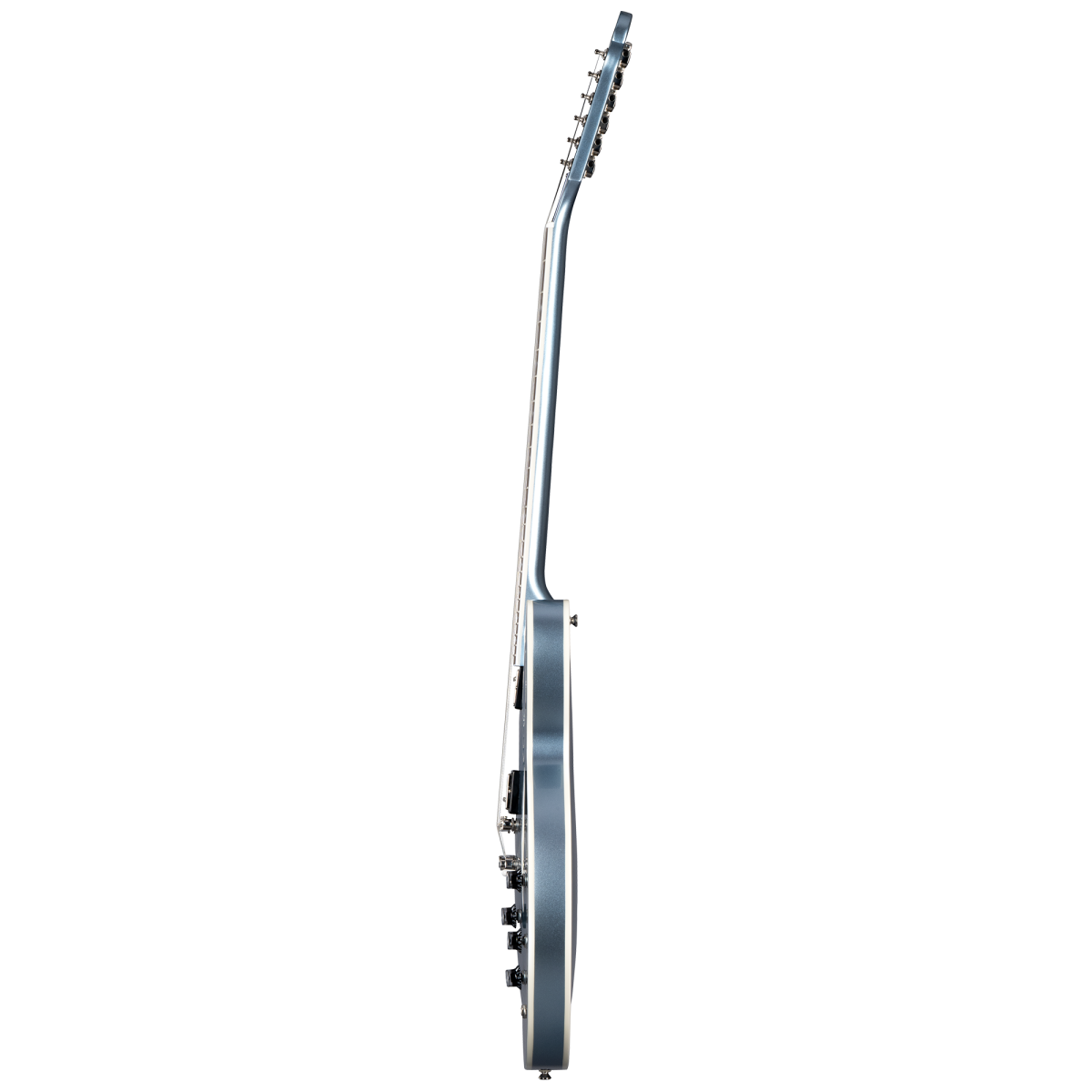 Electric guitar shown from the side, highlighting the thin body, neck, and tuning pegs, all in a sleek metallic finish.
