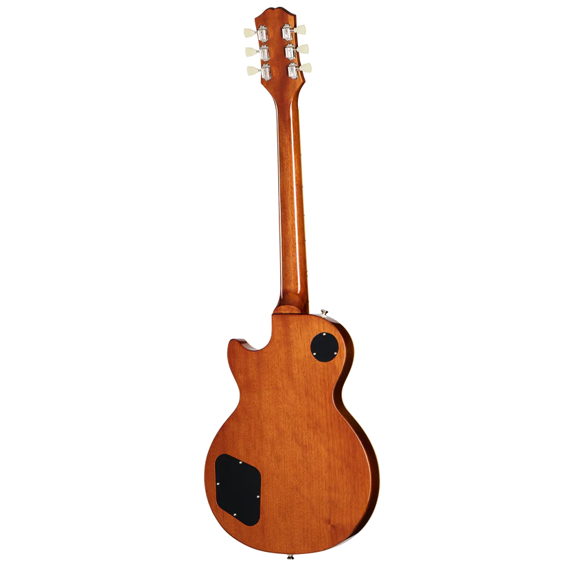 Back view of a brown electric guitar with a single cutaway, metal tuning pegs, and two black rectangular and circular access panels on the body.