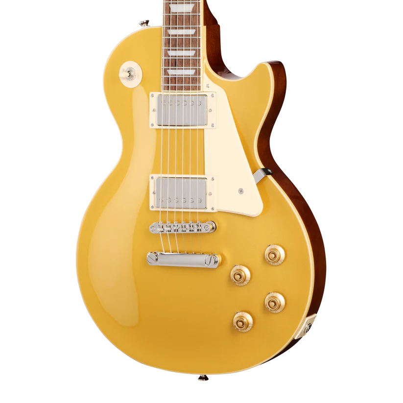 Gold electric guitar with two silver pickups, four gold control knobs, and a white pickguard, featuring a single cutaway body design.