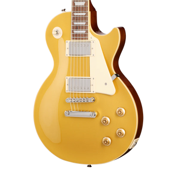 Gold electric guitar with two silver pickups, four gold control knobs, and a white pickguard, featuring a single cutaway body design.