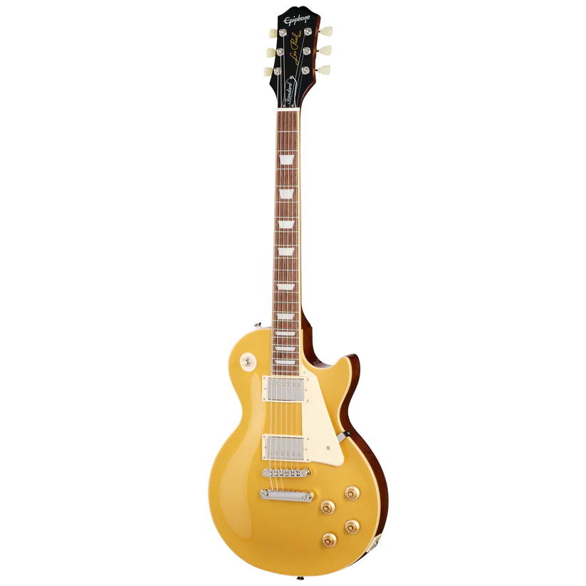 Gold electric guitar with a single cutaway body, white pickguard, two humbucker pickups, four control knobs, and rectangular inlays on the fretboard.