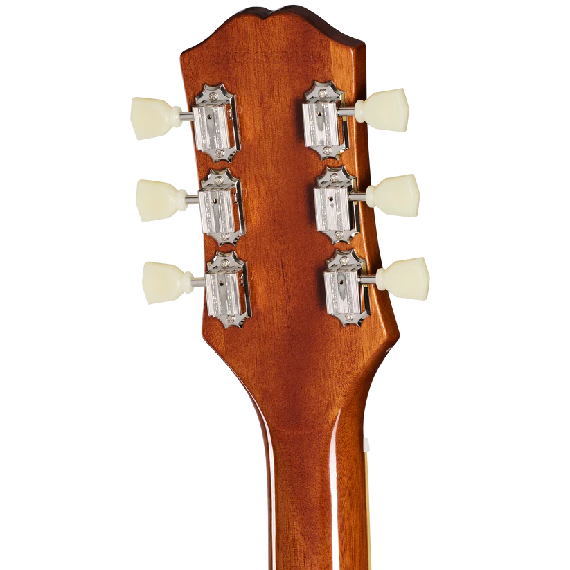 Six cream-colored tuning pegs on a brown electric guitar headstock, viewed from the back, with metal tuning machines in three pairs.