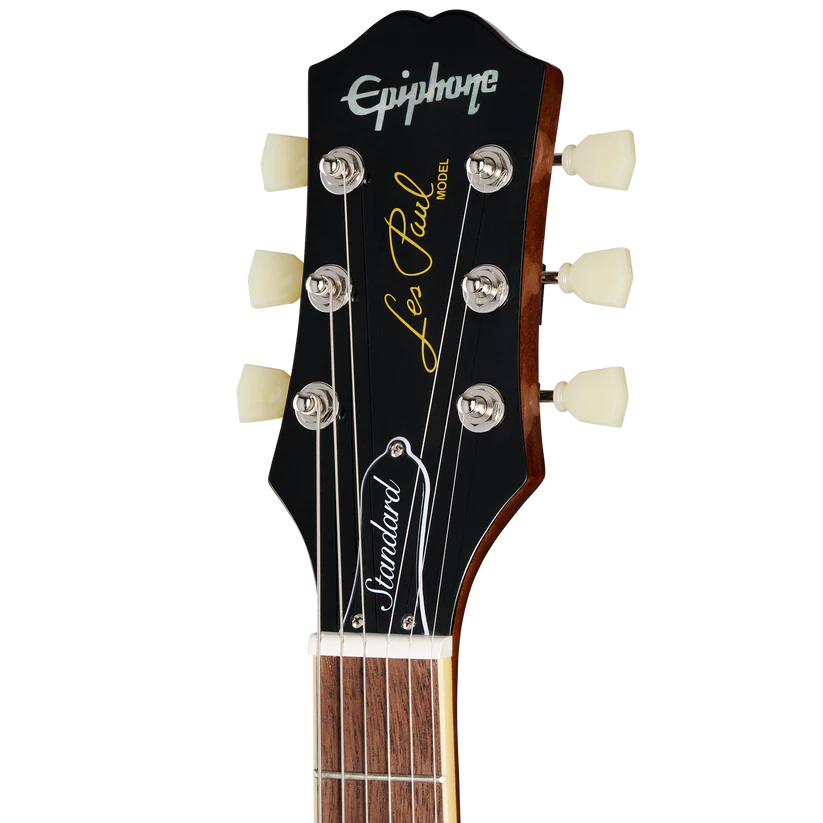 Close-up of an Epiphone Les Paul electric guitar headstock with six tuning pegs and "Standard" written on the truss rod cover.