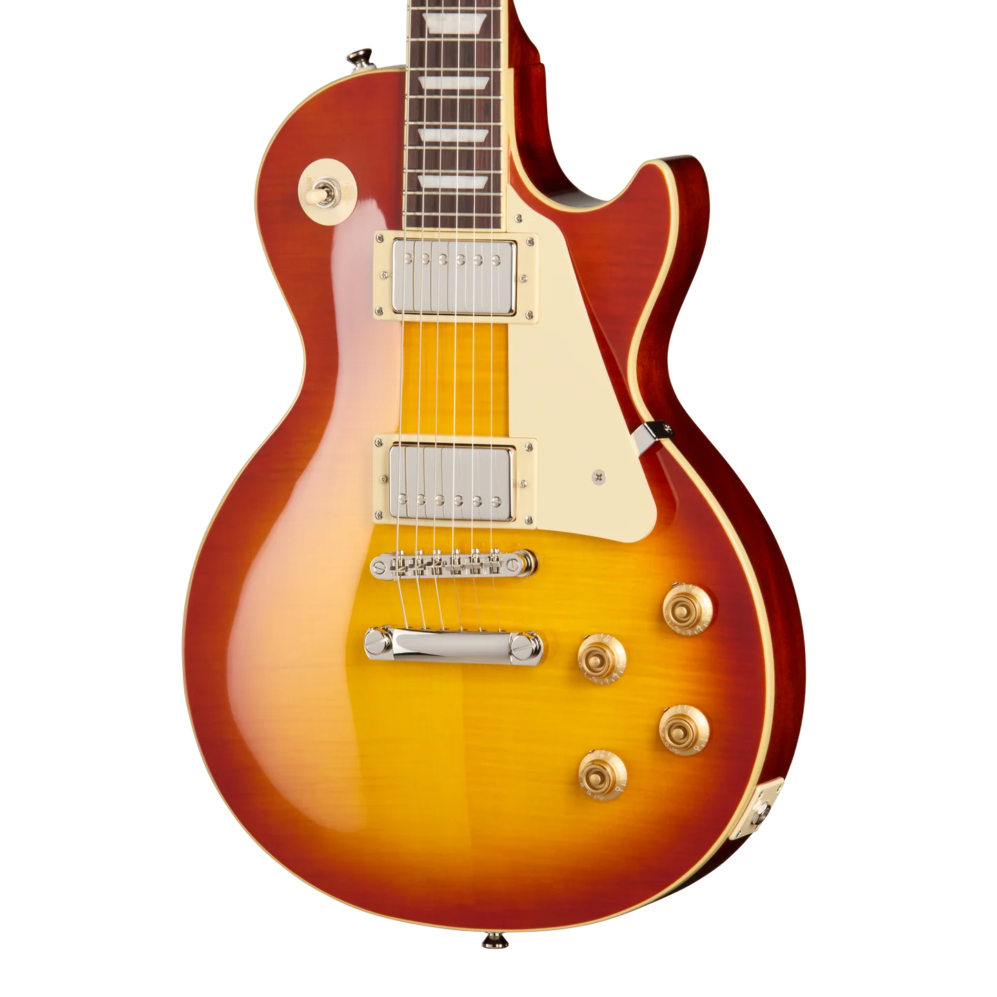 Sunburst electric guitar with a carved top, chrome hardware, two humbucker pickups, cream pickguard, and four control knobs.