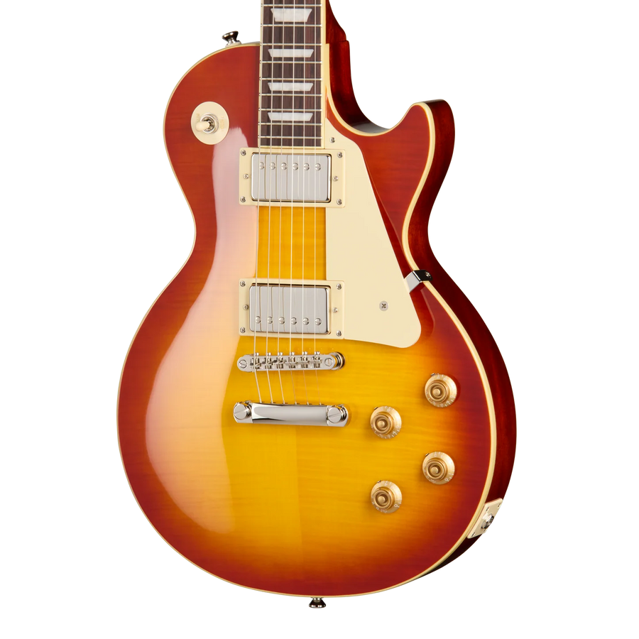 Sunburst electric guitar with a carved top, chrome hardware, two humbucker pickups, cream pickguard, and four control knobs.